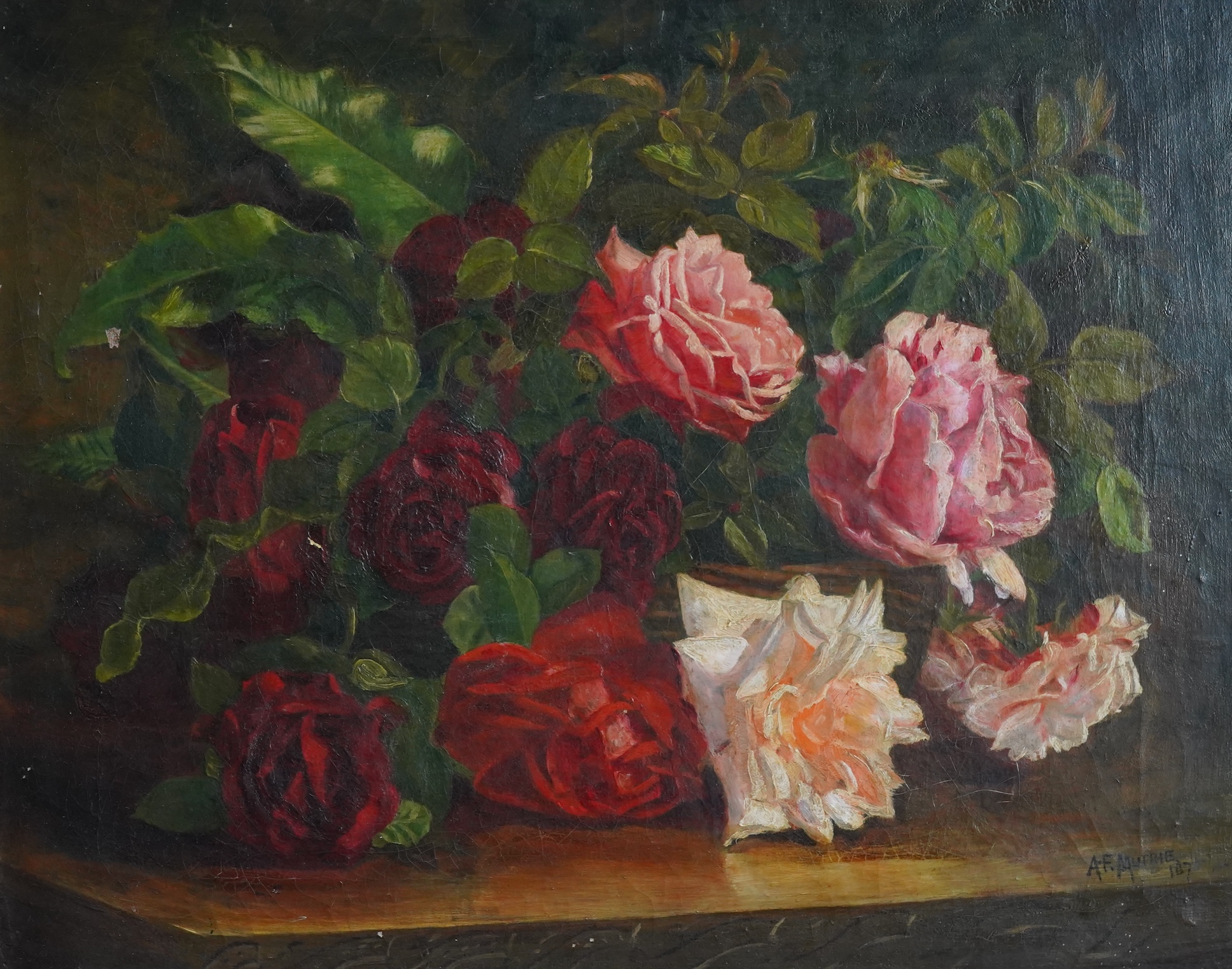 Manner of Annie Feray Mutrie (1826-1893), Still Life of Roses, signed A.F. Mutrie, dated 1875 lower right, oil on canvas, 39.5 x 50cm